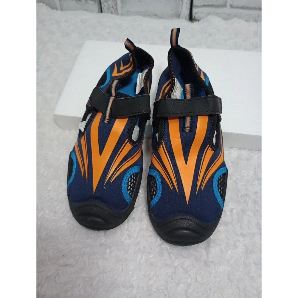 Boys Water Shoes DARK BLUE w/ ORANGE & TURQUOISE DESIGN River Beach Swim L 2-3